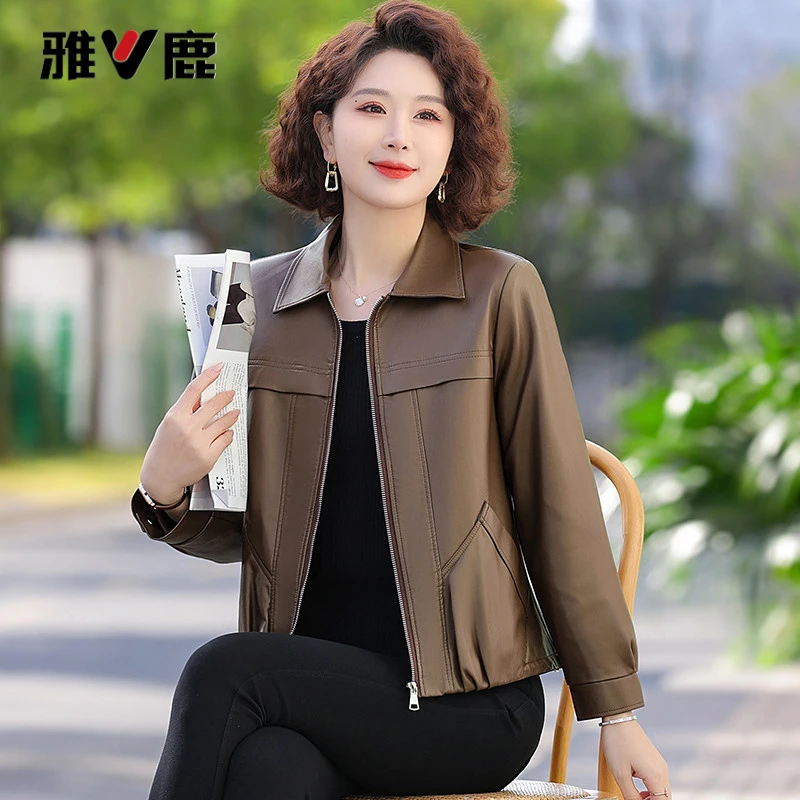 雅鹿优选玉词流行爆款妈妈装皮衣外套2025新款中中老年女装妈妈装