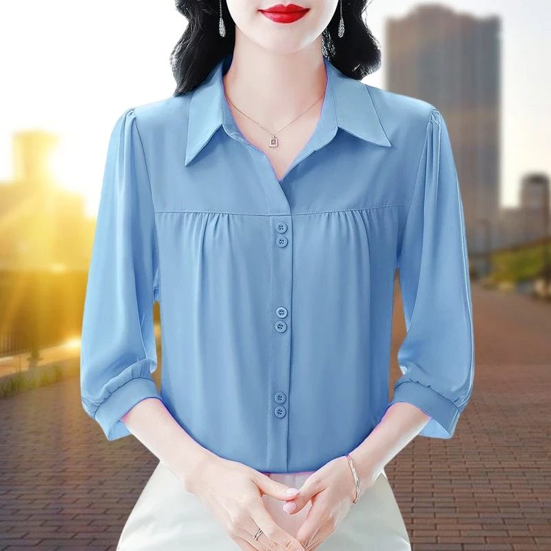 夏季薄款七分袖纯色设计感雪纺上衣洋气显瘦百搭气质时尚小衫女士