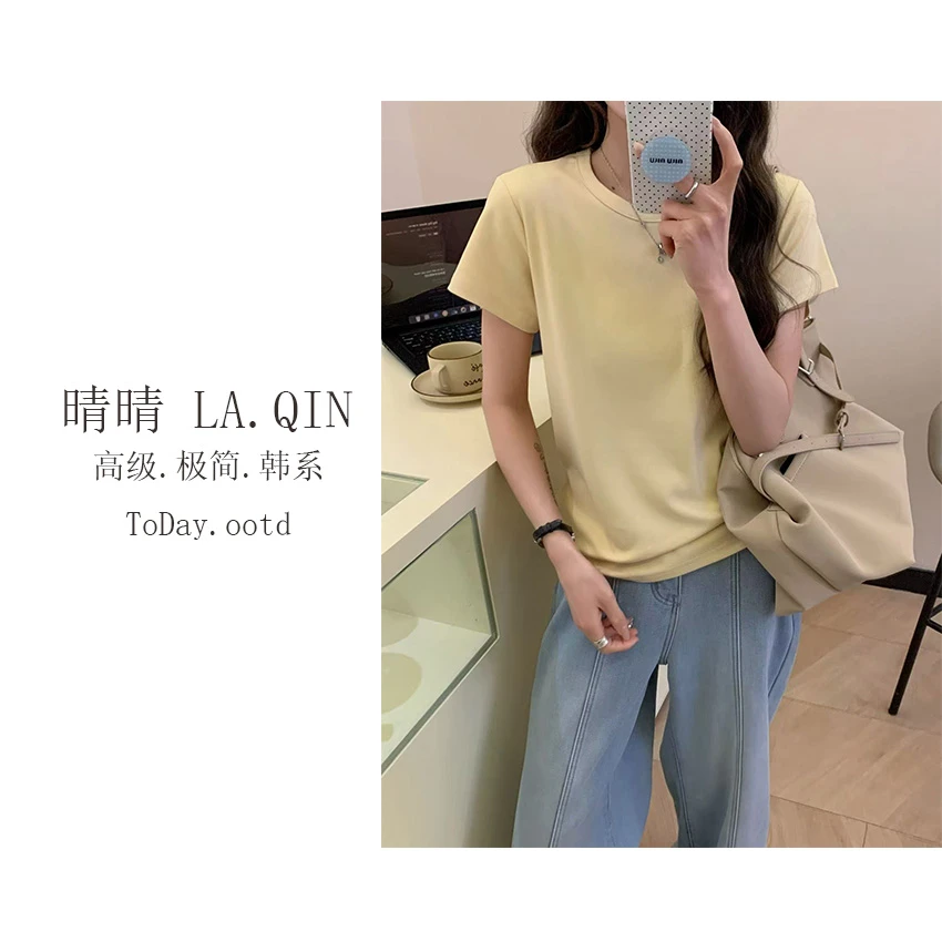 晴晴家-【心心念念】韩版极简风净版烫钻百搭减龄休闲短袖T恤615