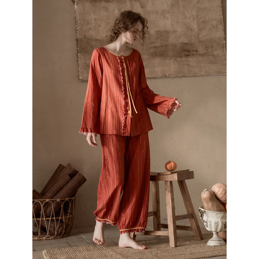 高级感红色复古条纹睡衣女春秋2025新款长袖长裤家居服套装可外穿