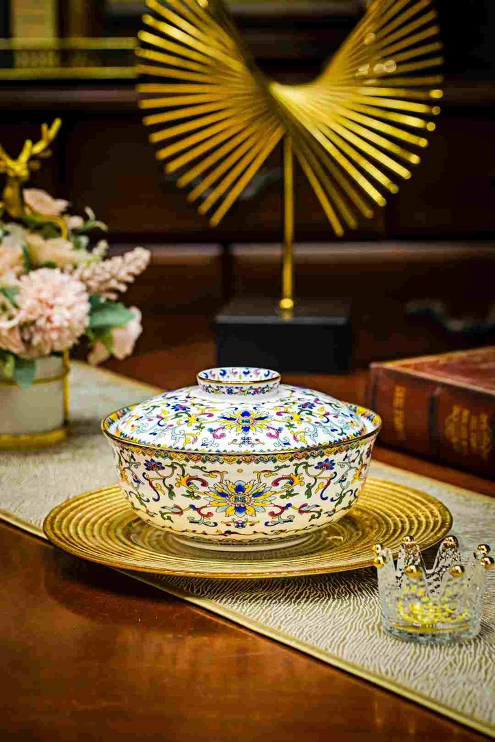金福7英寸珐琅彩中式带盖汤盆（富贵白）家用餐具