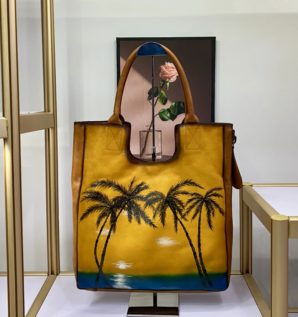 复古包女包手工皮包包女头层牛皮定制款椰子树托特包时尚黄色女士