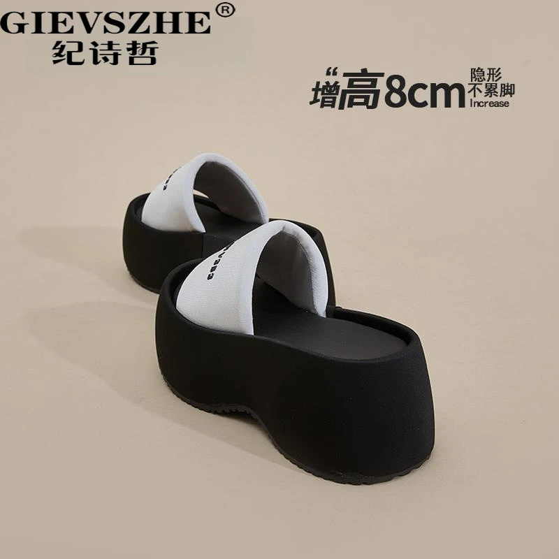 GIEVSZHE纪诗哲夏款外穿厚底踩屎感一字拖鞋女小个子增高级感凉拖
