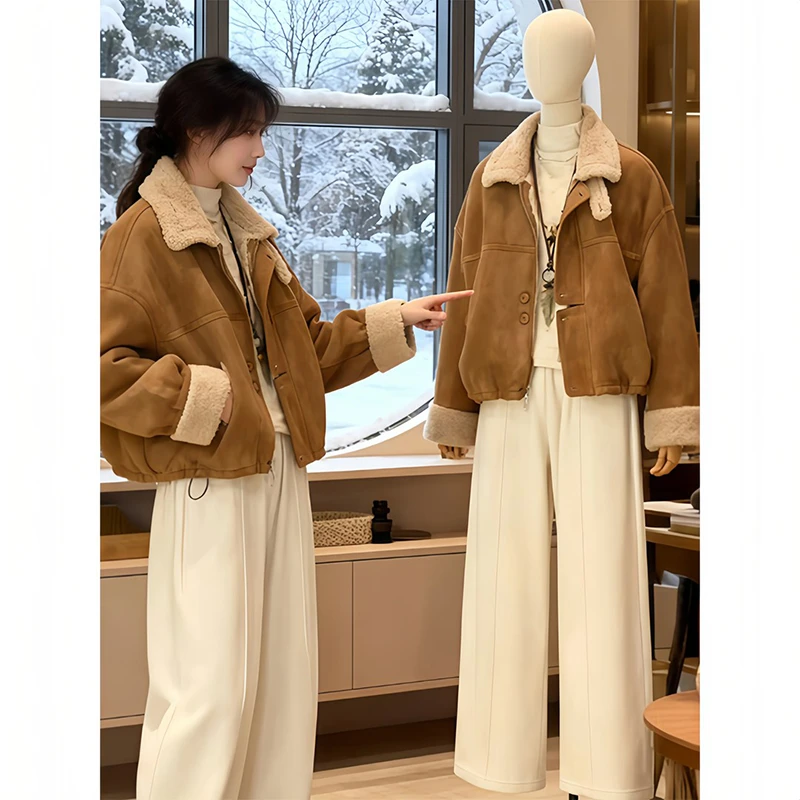 短款皮毛一体加绒加厚外套女2025冬季新款立领爆款机车服夹克上衣