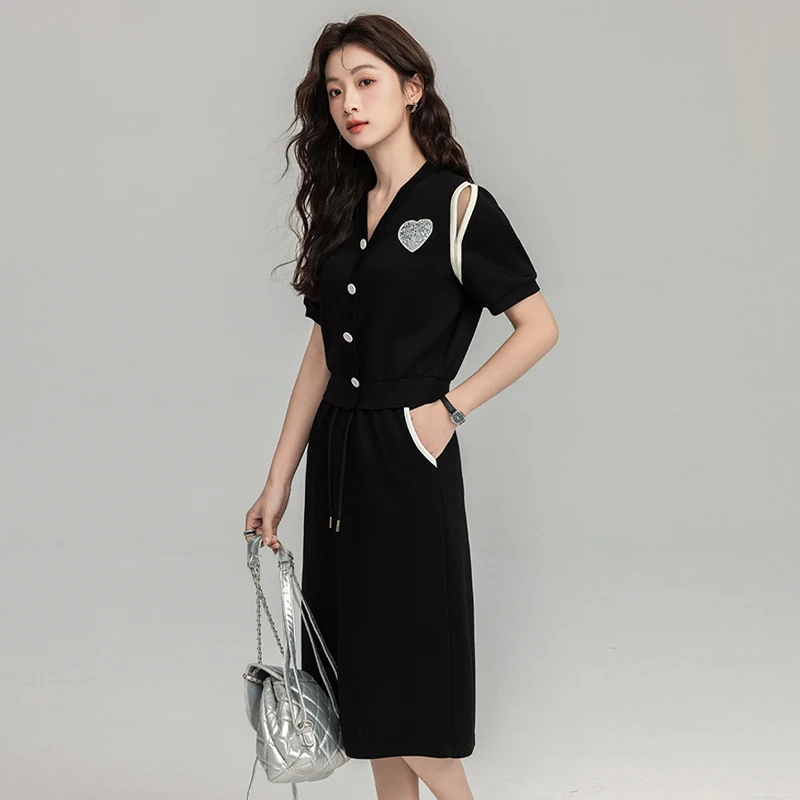 轻熟风休闲风时尚套装法式休闲撞色拼接复古长裙长款短袖裙子夏季