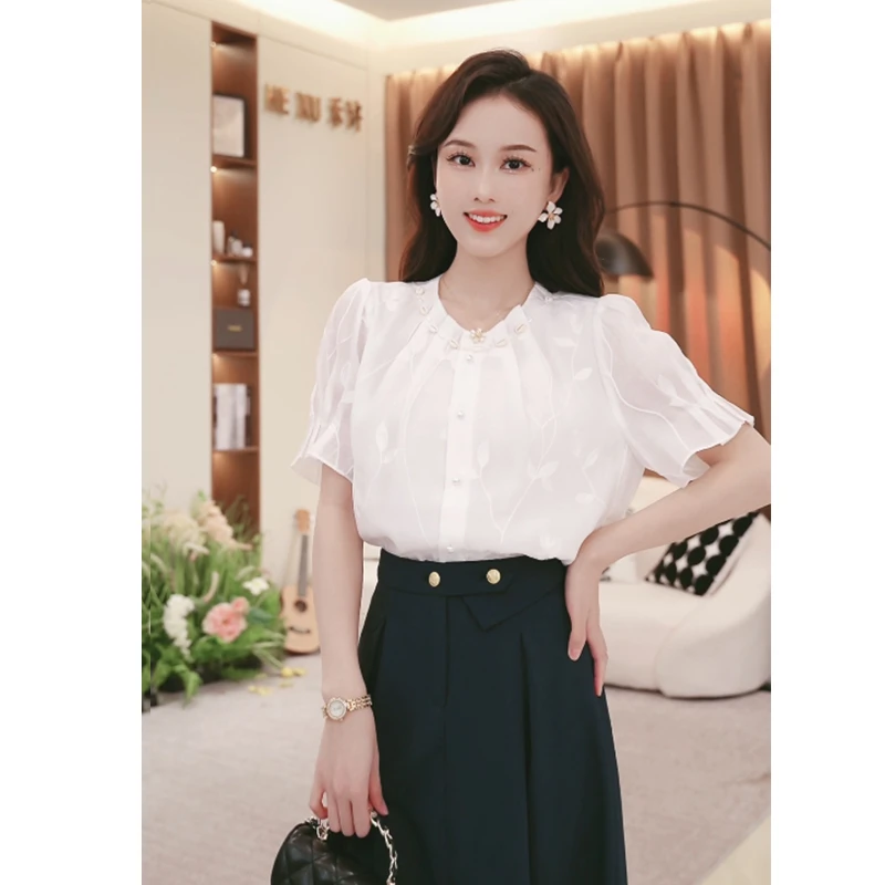 法式洋气高级感圆领短袖百搭衬衫女2025夏新款设计感别致TU27778