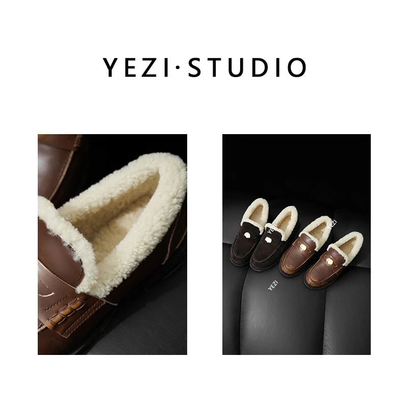 【缪*系千金】手工小金币擦色牛皮一脚蹬加绒乐福毛毛鞋25449037