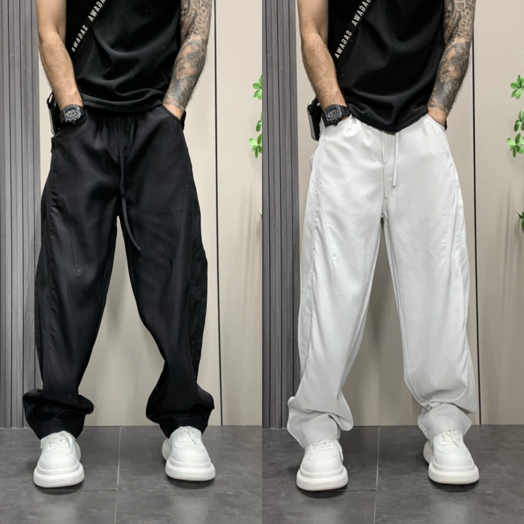 夏季男士清爽莱赛尔天丝棉简约微阔3D裁冰丝薄款垂感直筒休闲裤男