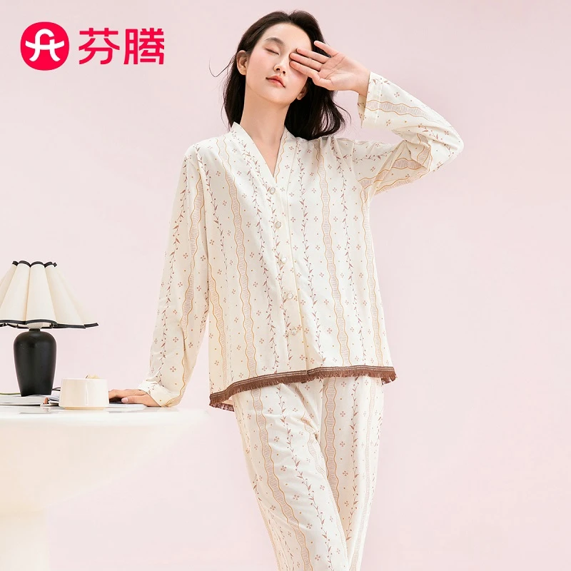 芬腾纯棉睡衣春季长袖全棉女舒适田园碎花套装FJ26910354