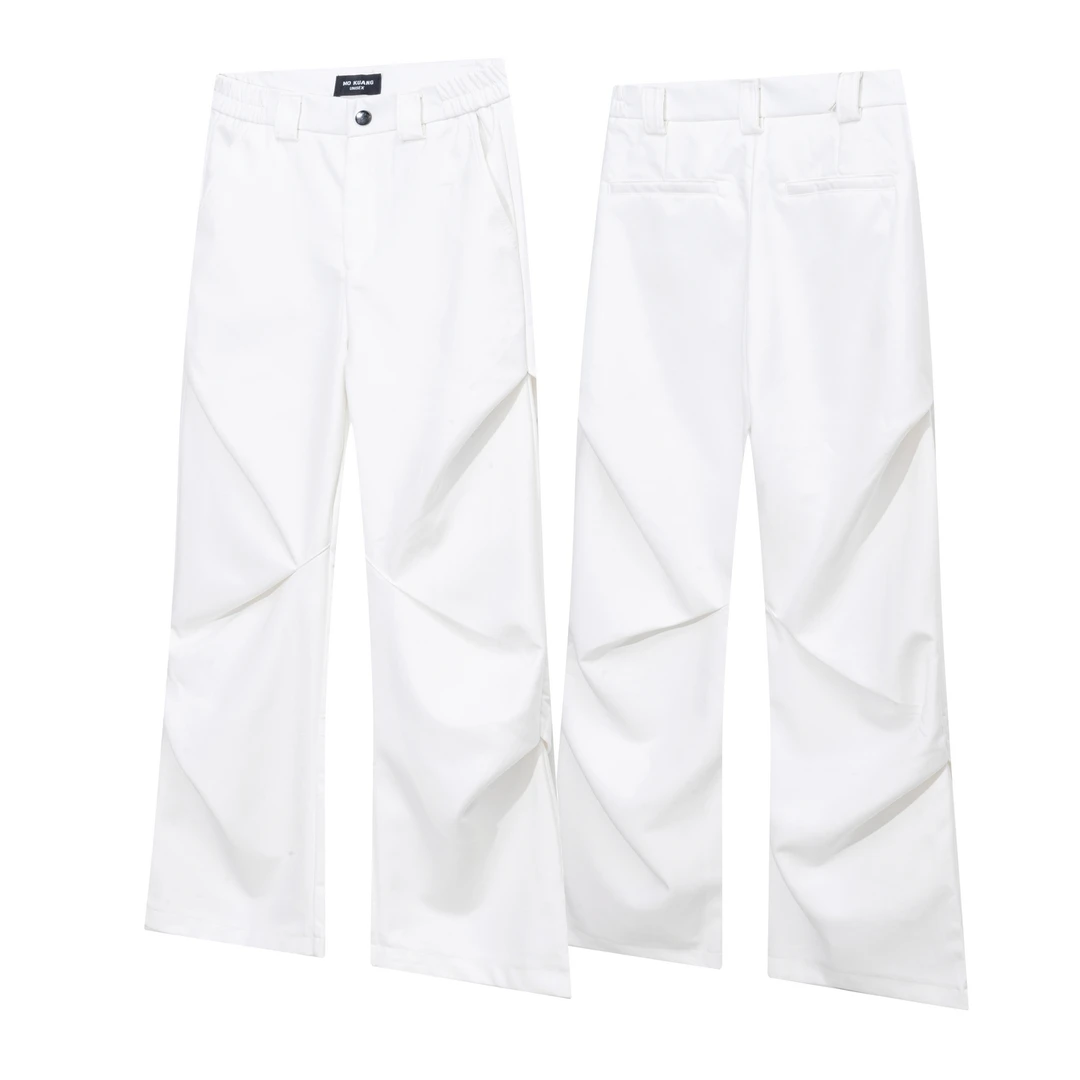 莫狂少年小众设计感褶皱休闲黑白色西裤微喇阔腿拖地cleanfit长裤