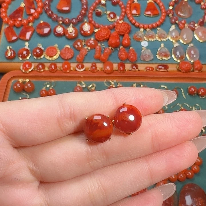 南红玛瑙银S925镶嵌耳饰