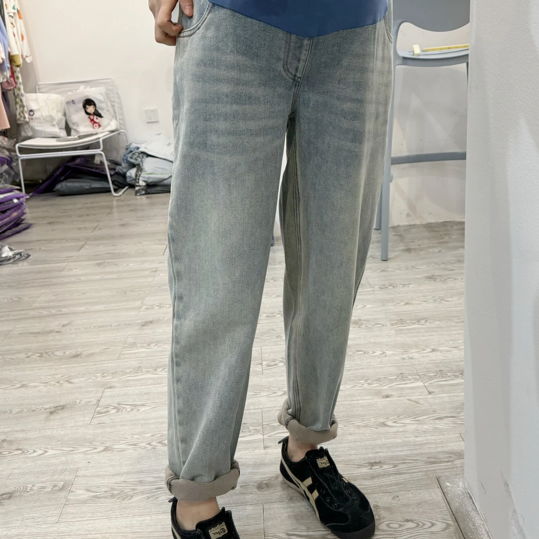 孕之彩秋冬加厚孕妇裤 磨毛水洗软牛仔老爹裤
