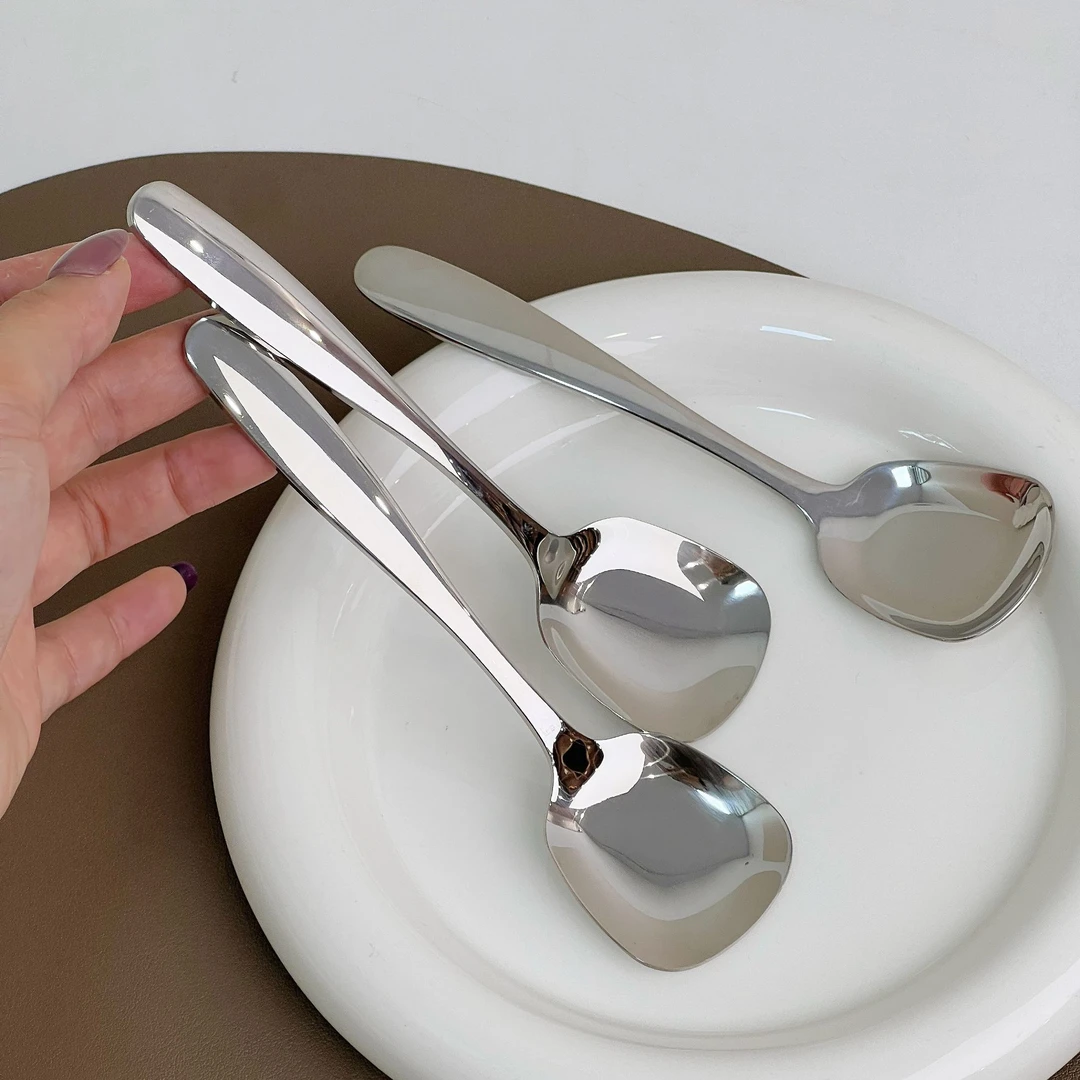 【3支装】304钢方头勺吃饭平底勺韩式甜品勺家用西瓜勺成人汤匙钢勺