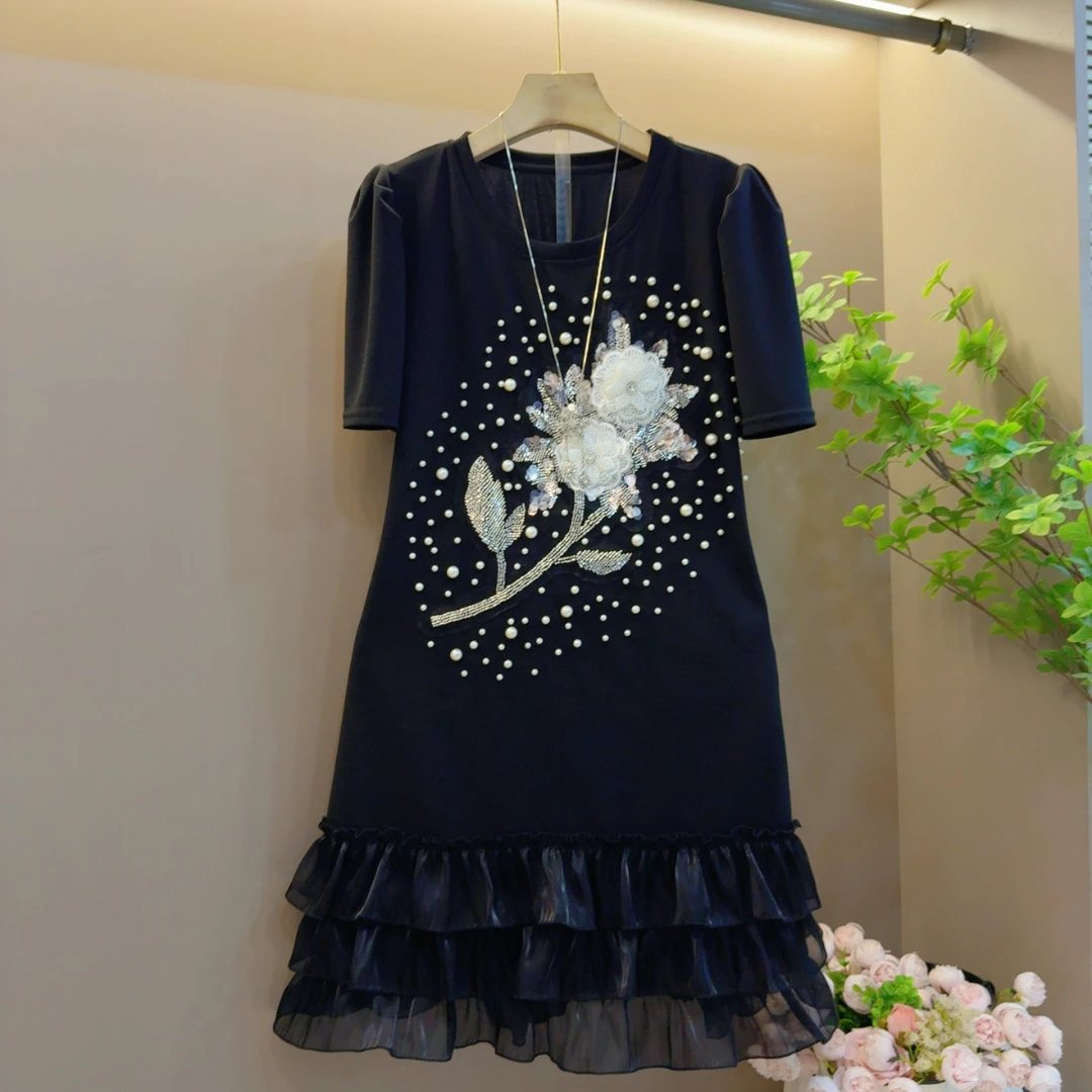 时尚新款圆领重工亮片花朵高级感显瘦气质拼接连衣裙（长89左右）
