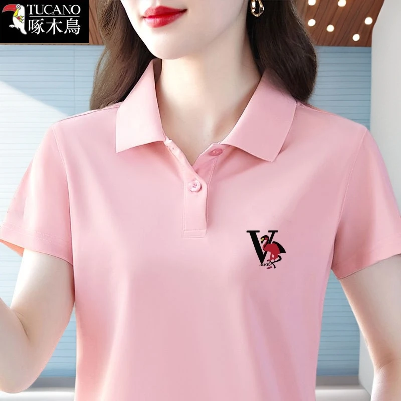 啄木鸟新款翻领运动百搭t恤女2025年夏季短袖拼接上衣时尚高级感