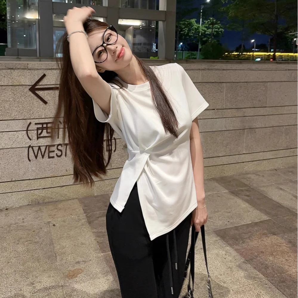 设计感纽扣开叉别致短袖T恤女夏季新款大码胖MM遮肉显瘦正肩上衣
