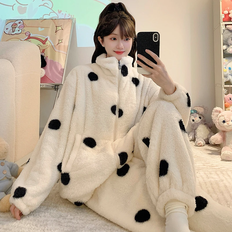 长毛绒睡衣女冬季保暖立领拉链开衫加肥大码220斤胖mm外穿家居服