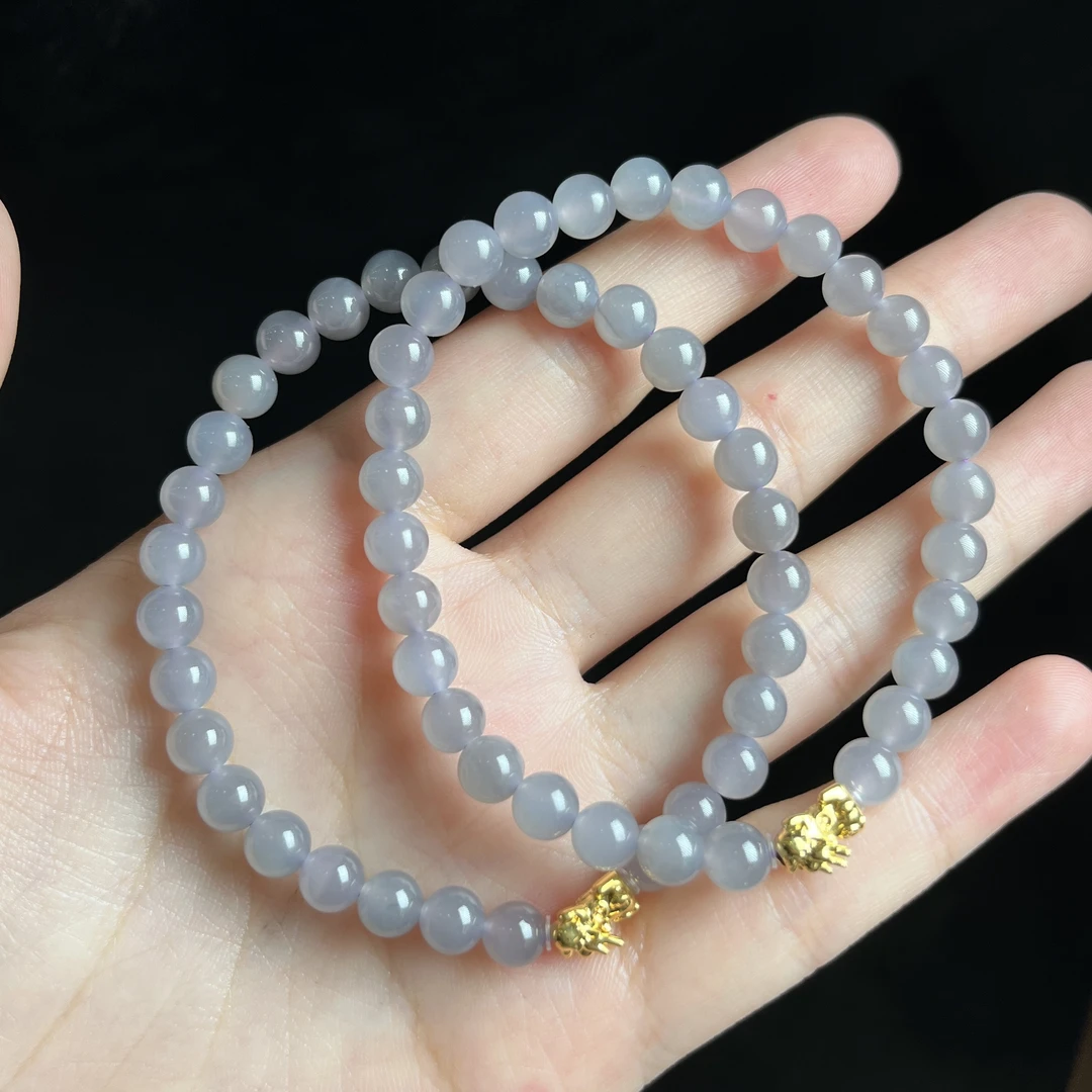 L【玉氏珠宝】18k金和田玉烟紫圆珠手串-约5mm 多样性 发一CAN82094