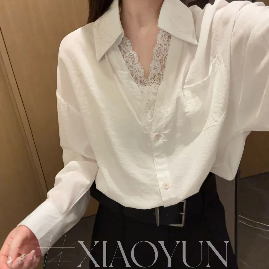 2025超火春秋装蕾丝边v领白色衬衫小众减龄轻熟风女百搭上衣衬衣