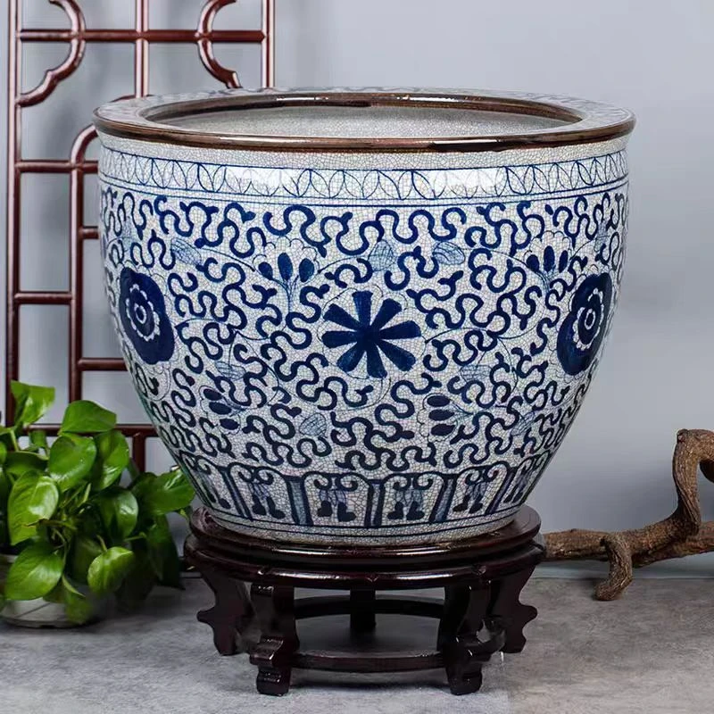 景德镇手绘陶瓷鱼缸复古养鱼书画缸庭院阳台大缸青花瓷小型荷花缸