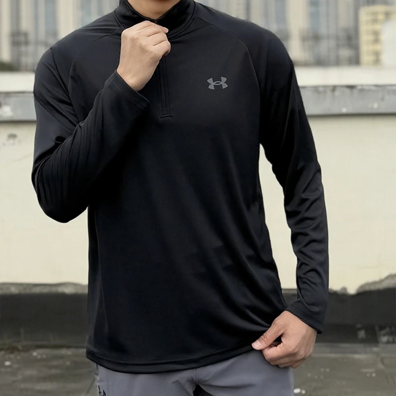 安德玛打底长袖T恤男子秋季户外休闲登山运动上衣弹力立领速干衣t