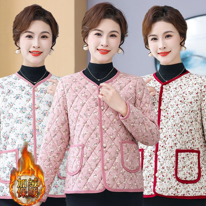 妈妈秋冬碎花加绒棉衣保暖外套大码女装加厚棉服彩边外套