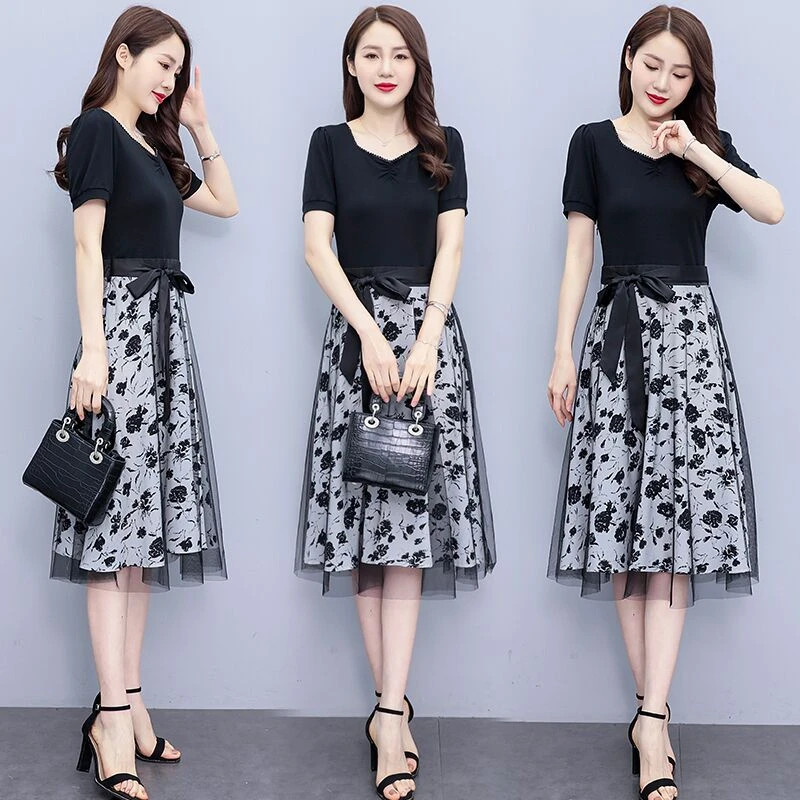 【连体连衣裙】新款短袖中长裙v领收腰裙子女夏装黑色气质连衣裙