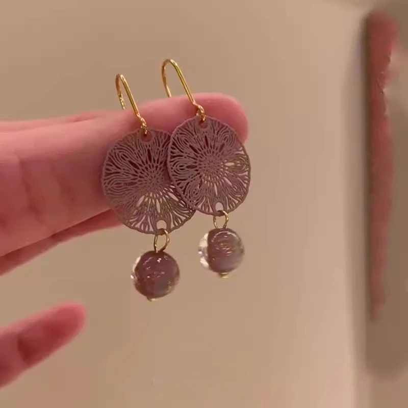 铜合金耳饰 新中式淡紫色镂空窗花耳环轻奢高级感优雅气质耳钉女