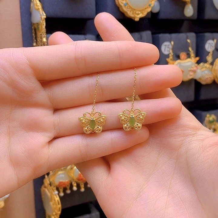 和田玉银S925镀金镶嵌耳饰