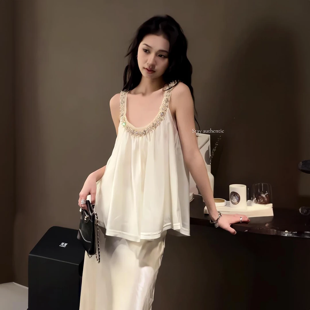 VOCKOO官方高级感仙女雪纺衫套装2025夏季新款气质优雅无袖上衣半