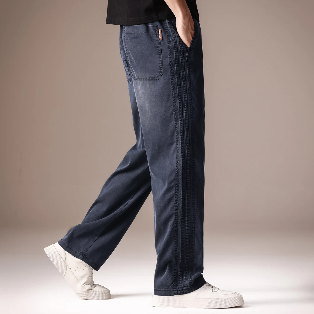 高端天丝薄款渐变休闲裤男夏季潮牌莱赛尔直筒宽松美式复古长裤男