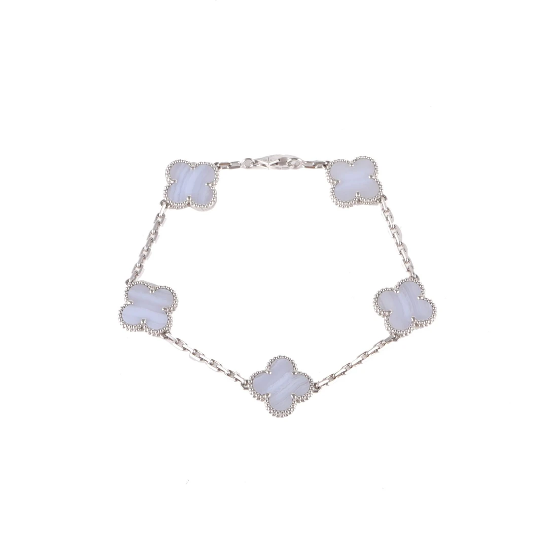 99新 梵克雅宝 【念念特价】中号五花手链 新扣 18K白金/紫花