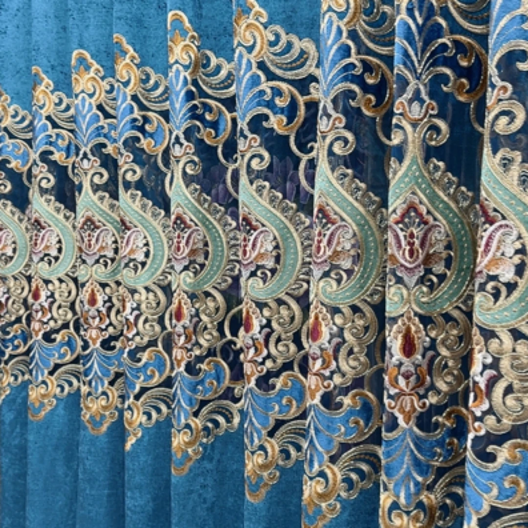 宝石蓝大镂空雪尼尔高品质客厅阳台精品绣花窗帘