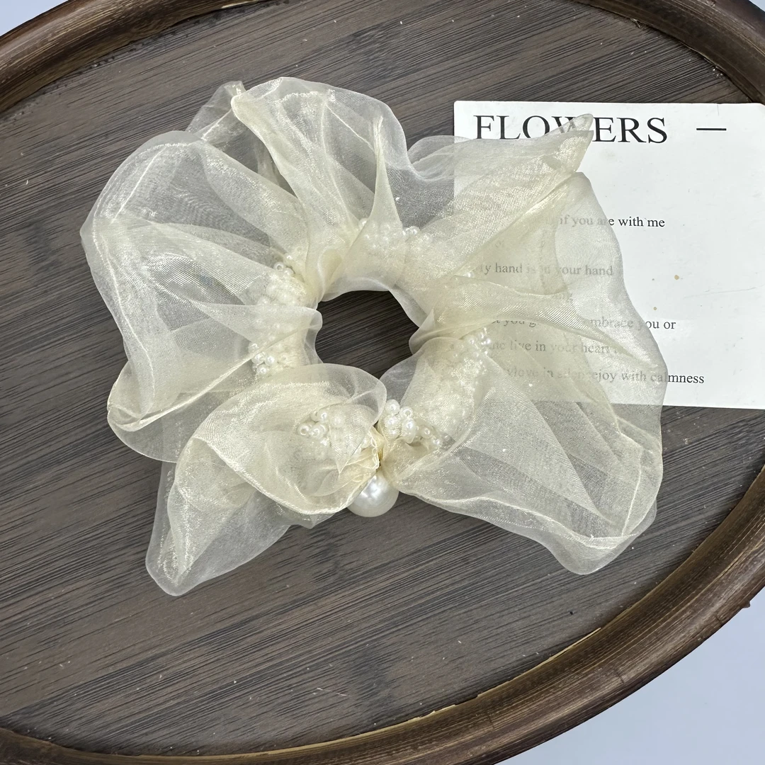 【杳饰】1347 温柔氛围感发圈香槟色欧根纱手缝珍珠重工发圈