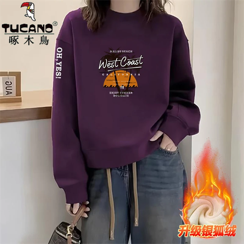 啄木鸟纯棉加绒加厚圆领卫衣春秋季宽松百搭通勤外穿洋气女士小衫