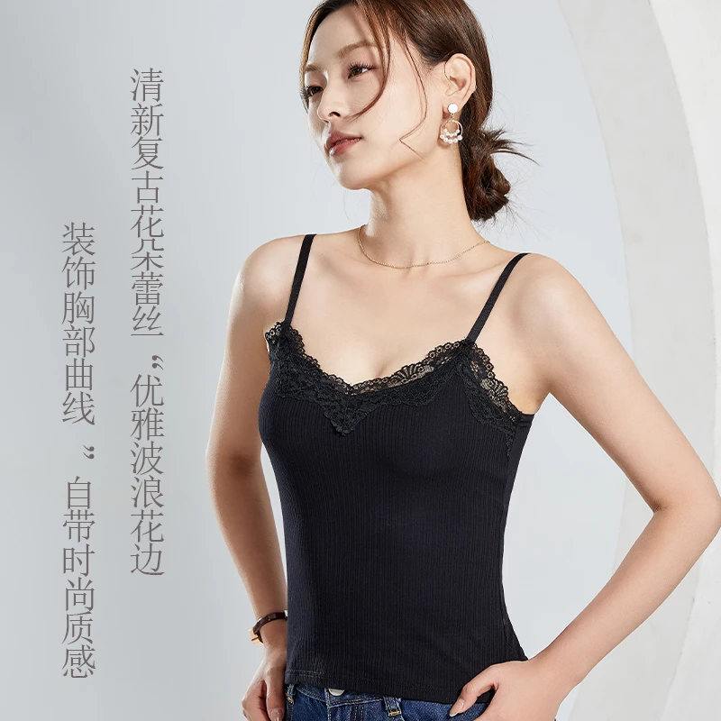 网红爆款性感风夏季纯棉螺纹蕾丝吊带背心美背胸垫一体式百搭上衣