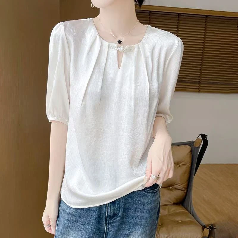 2025气质衬衫雪纺衫缎面夏季新款洋气时尚短袖外穿设计小衫上衣
