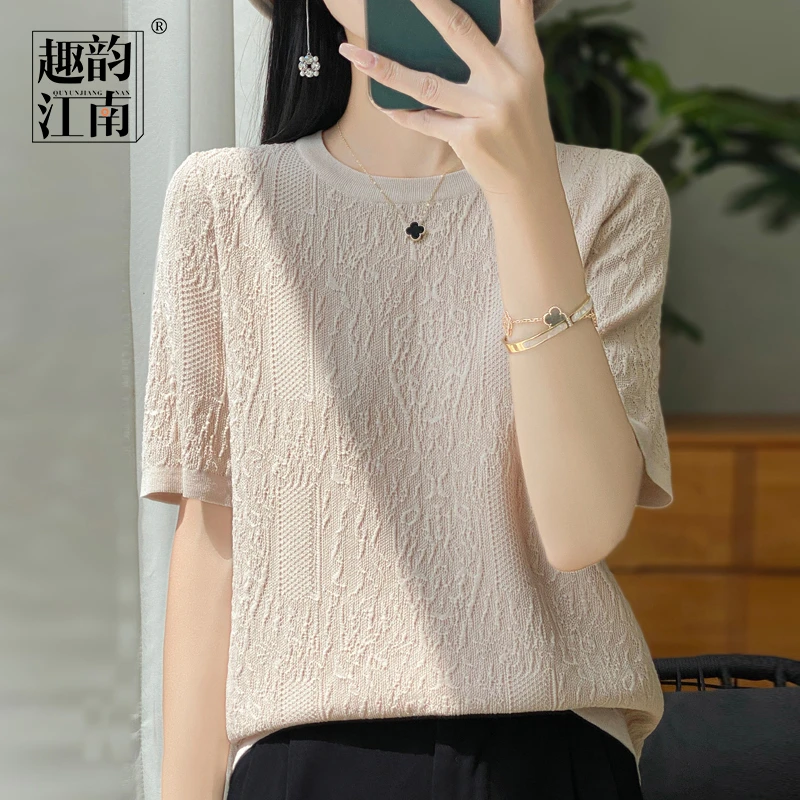 趣韵江南妈妈装春夏新款短袖T恤中老年宽松冰丝薄款针织圆领上衣