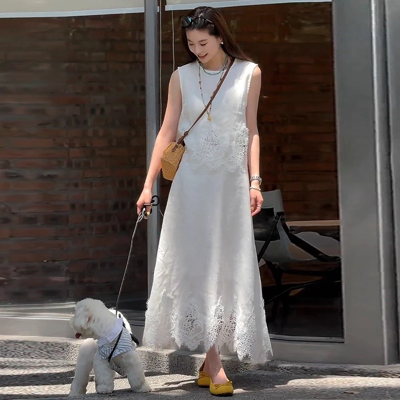 时尚套装裙女2025夏新款洋气质时髦蕾丝拼接无袖上衣半身裙两件套