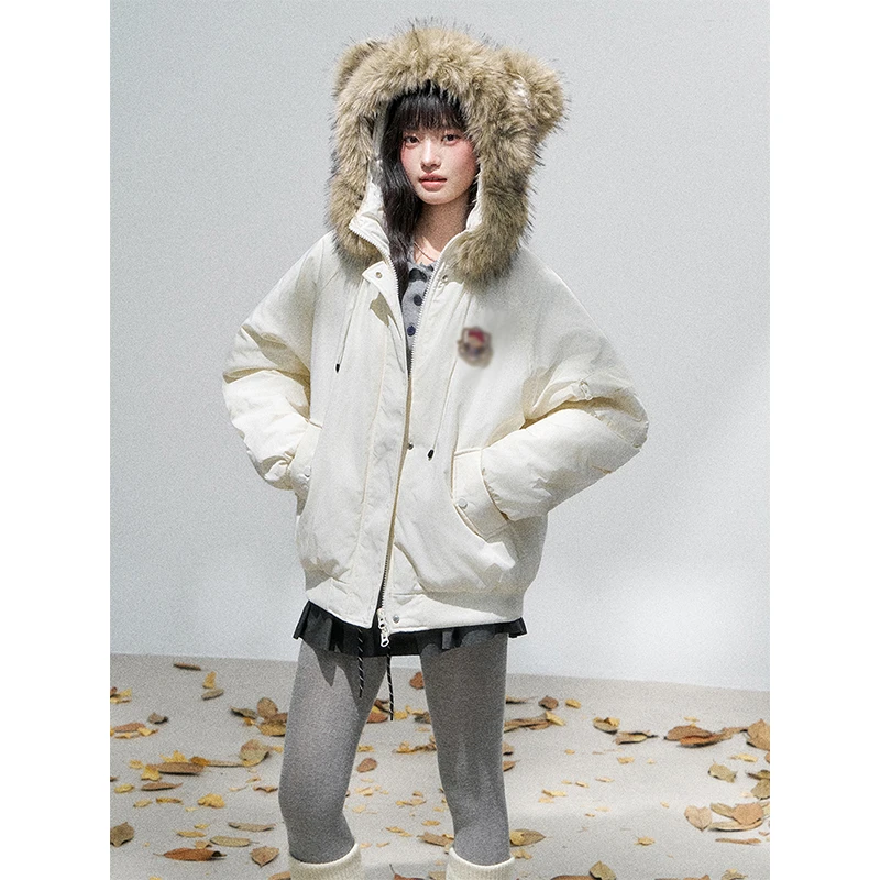 冬季新款设计感小熊徽章毛领棉服女韩版减龄加厚保暖耳朵连帽棉衣
