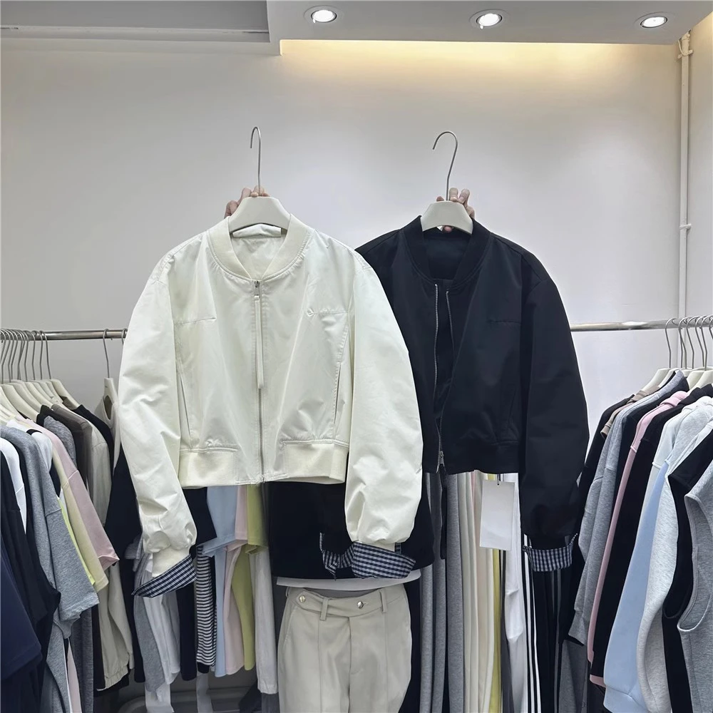 1012韩版纯色拼接袖夹克百搭宽松小个子外套女秋季新款棒球服短款