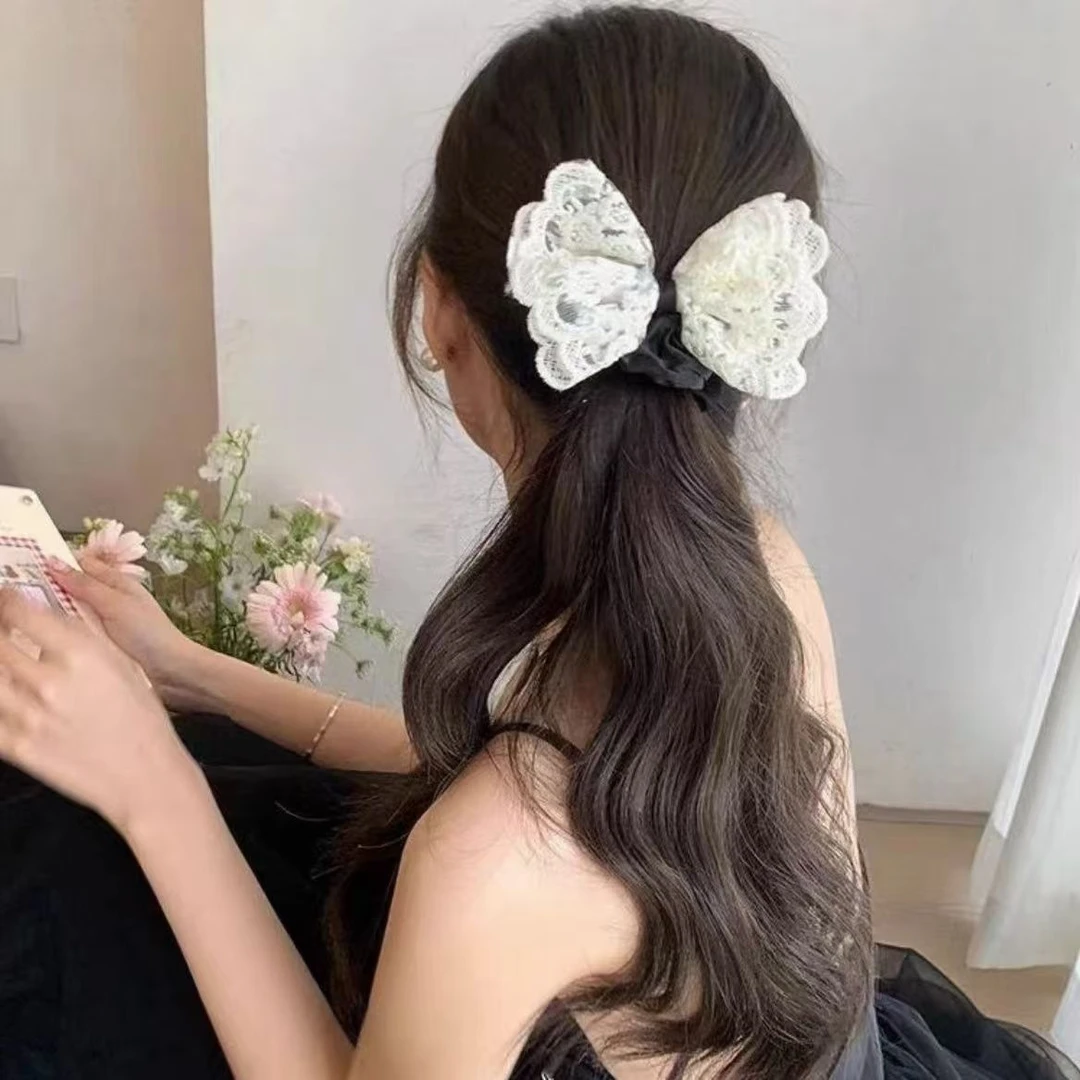 春季蕾丝双层甜美蝴蝶结头绳扎头发温柔韩系发圈气质高级千金发绳