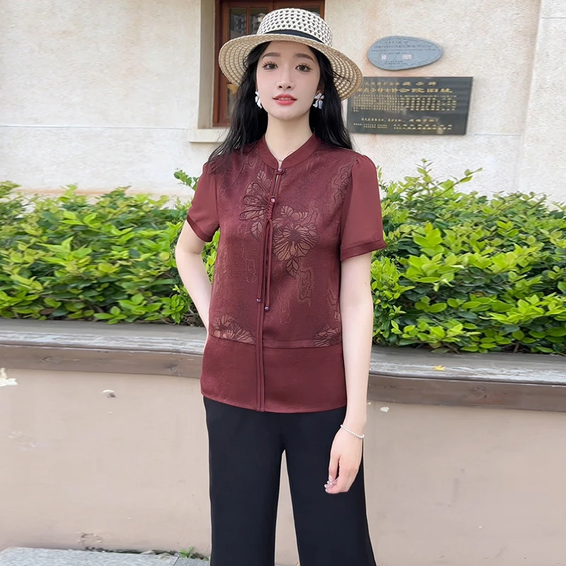 新中式复古短袖酒红色上衣配黑色阔腿裤两件套2025年中老年妈妈装