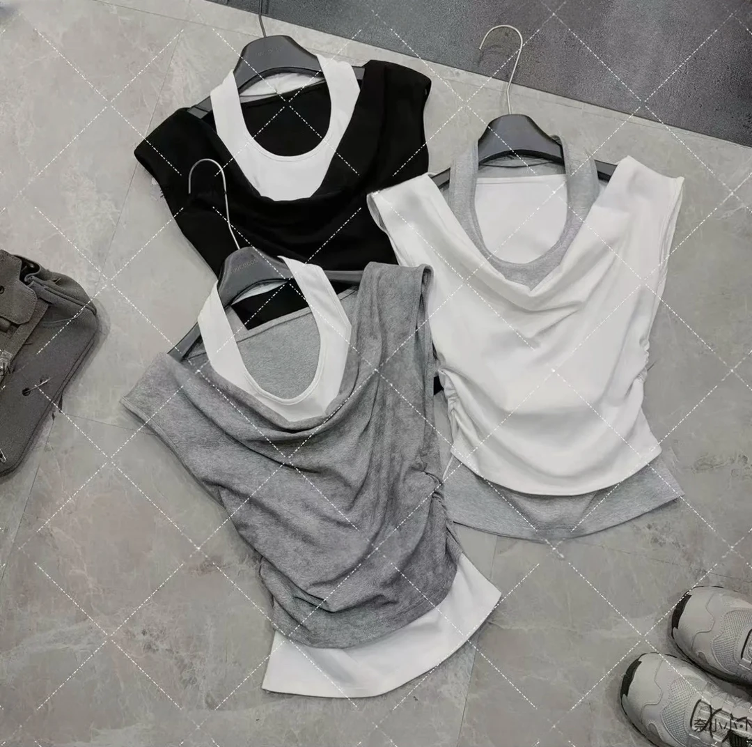 叠穿假两件白色短袖女V领正肩t恤2025夏季慵懒半袖体恤通勤上衣