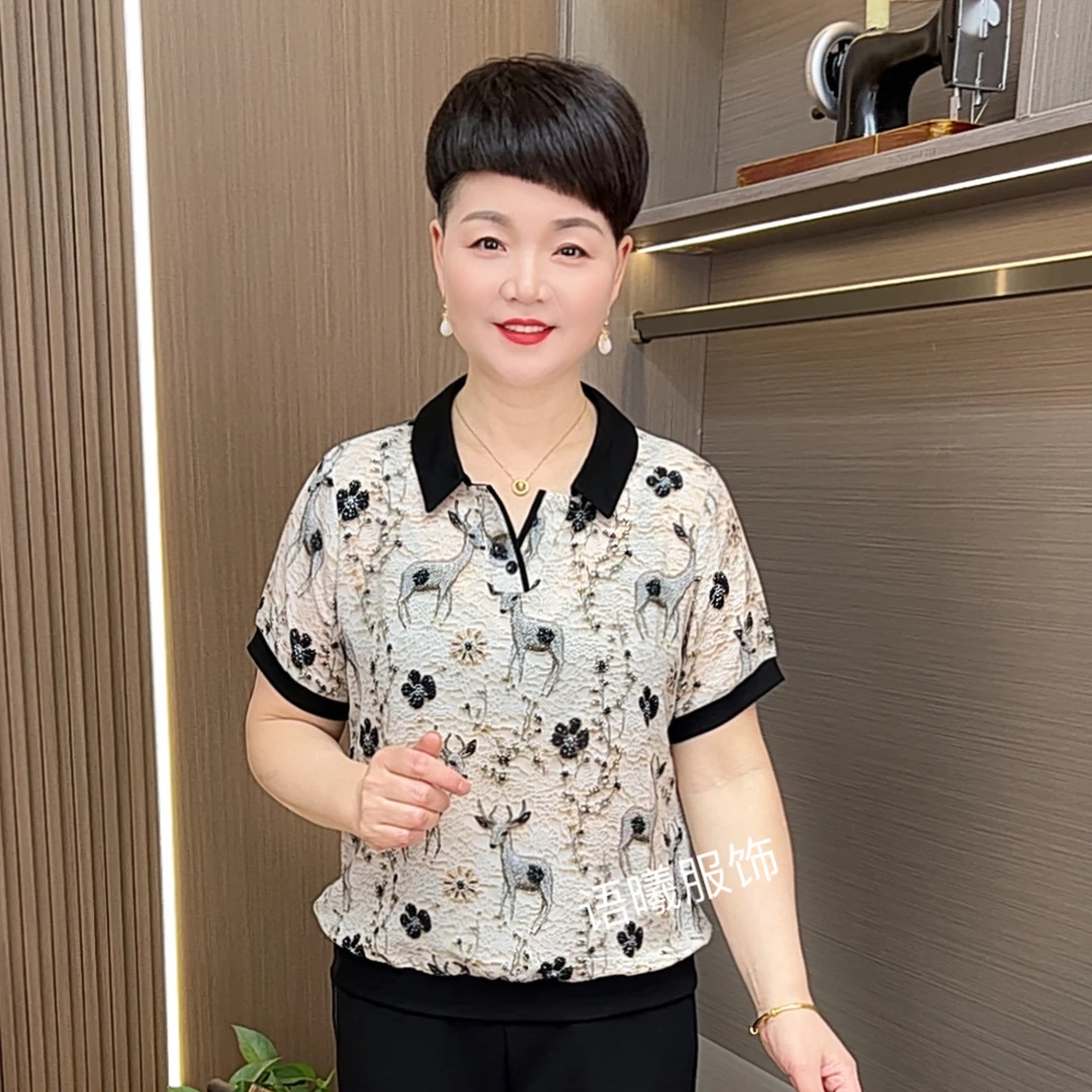极简风娃娃领薄款翻领中老年女装夏装夏季减龄小衫短袖F8923