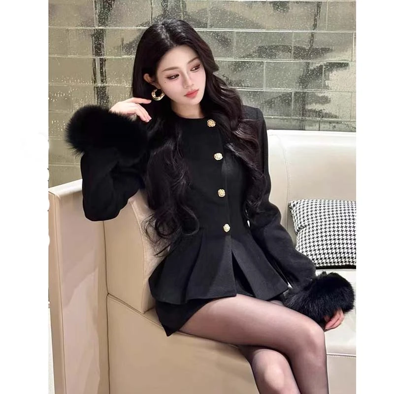 【两件套】【有里布】套装冬千金感外套高腰包臀短裙两件套DM0148