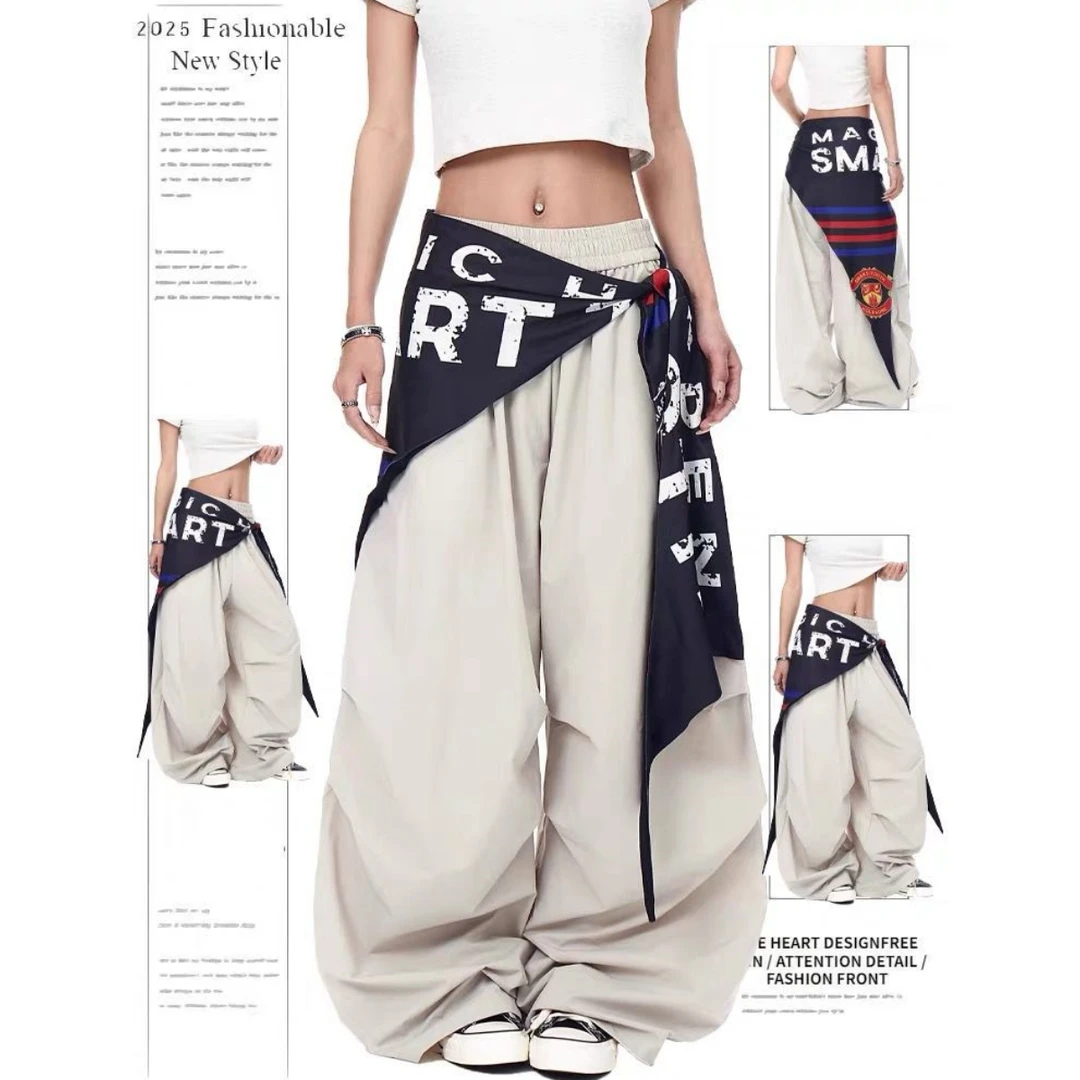 美式街头设计感屁帘工装伞兵裤男女宽松休闲垂感百搭褶皱阔腿裤潮