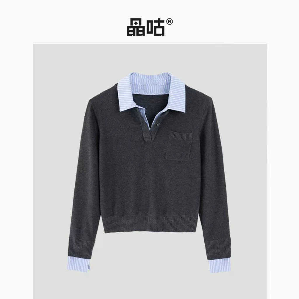 晶咕条纹假两件针织拼接polo翻领上衣