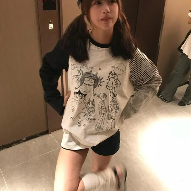 美式亚比文化手绘印花条纹长袖t恤女早秋新款撞色拼接宽松y2k上衣