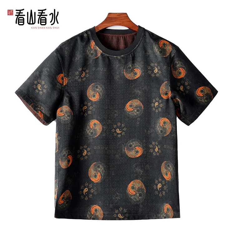 【看山看水】99612红云纱男装桑蚕丝透孔罗圆领T恤中式休闲短袖